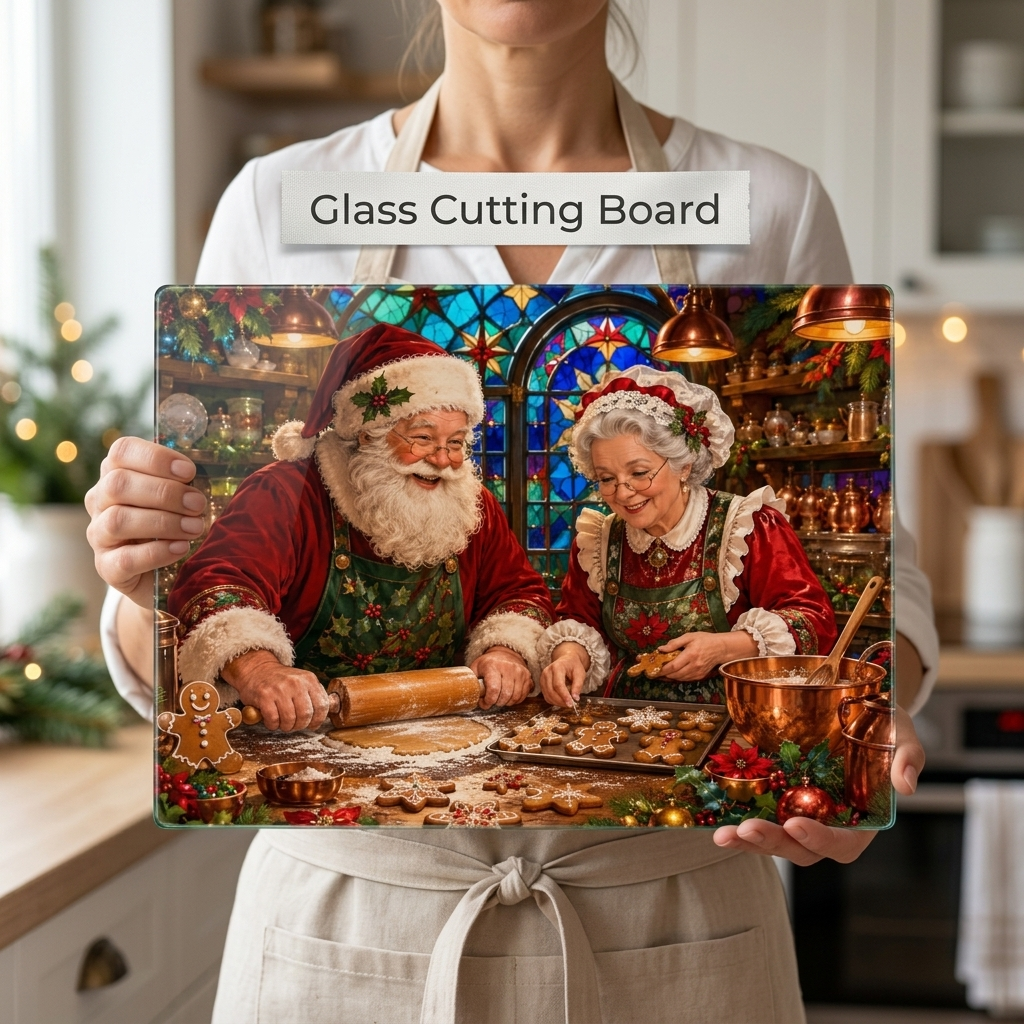 Santa and Mrs Claus Glass Cutting Board, Christmas Baking Decor, Gingerbread Kitchen Decor, Stained Glass Christmas Gift, Holiday Board
