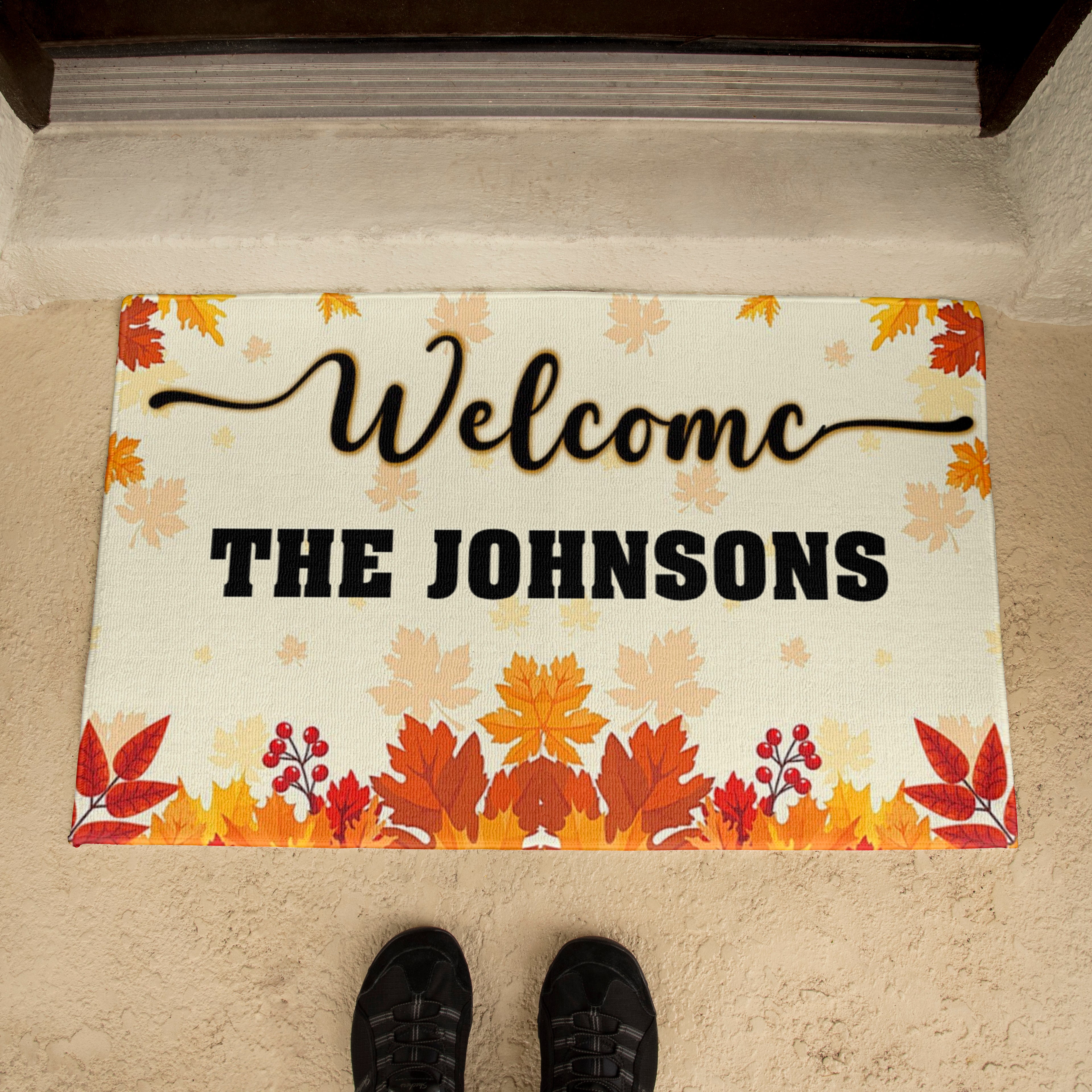 Personalized Welcome Doormat – Custom Family Name Fall Doormat with Autumn Leaves, Berries & Warm Harvest Colors – Perfect for Thanksgiving and Seasonal Porch Décor