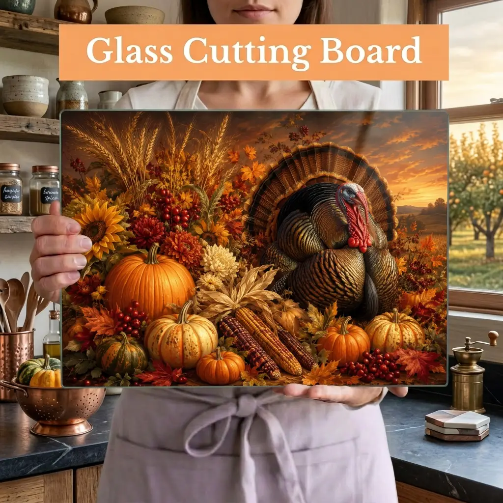 Turkey Glass Cutting Board, Thanksgiving Kitchen Decor, Fall Harvest Cutting Board, Turkey Hostess Gift