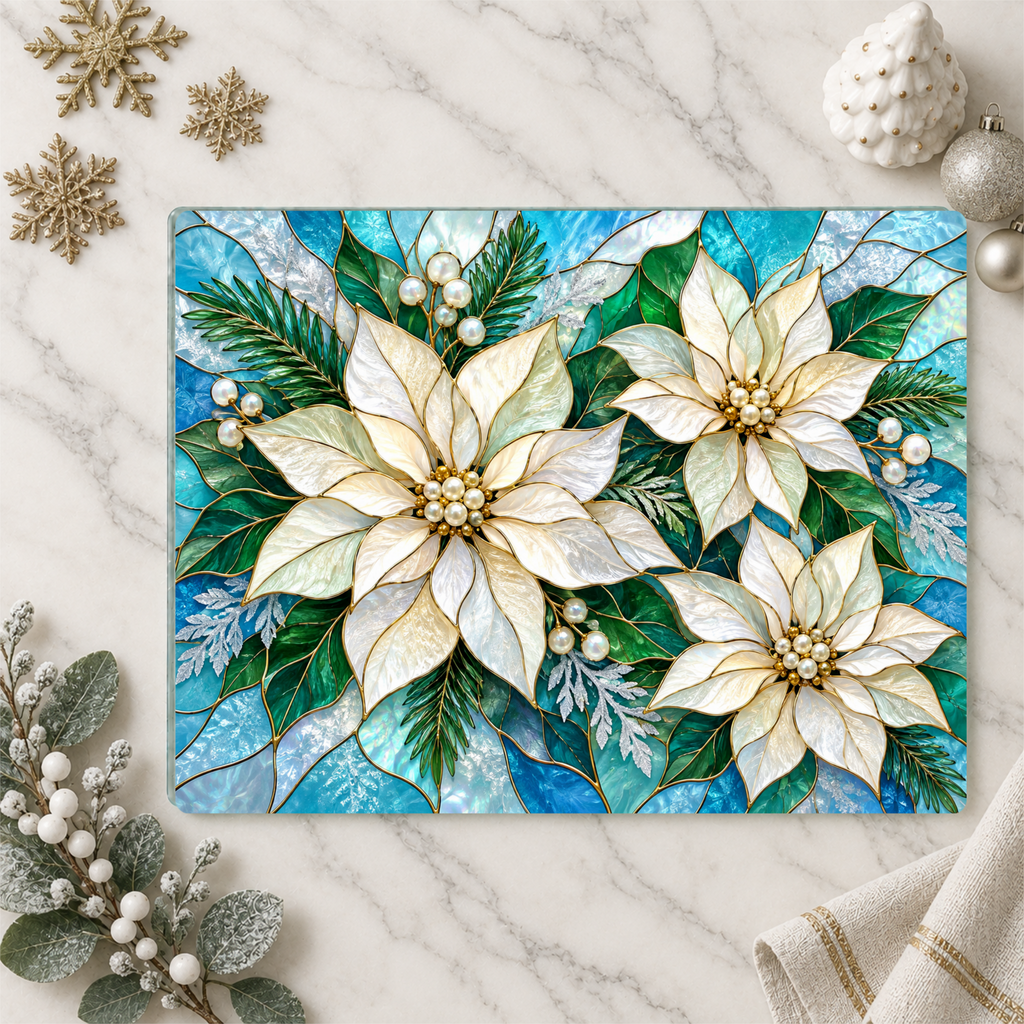 Winter Poinsettia Glass Cutting Board, Holiday Kitchen Decor, Floral Serving Board, Christmas Hostess Gift, Seasonal Home Accent Gift