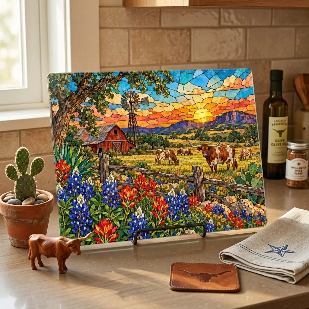 Texas Longhorn Glass Cutting Board, Bluebonnet Ranch Kitchen Decor, Western Farmhouse Gift, Texas Country Decor, Longhorn Cattle Art