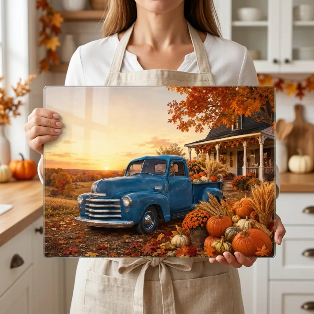 Fall Glass Cutting Board, Blue Vintage Truck with Pumpkins, Autumn Farmhouse Kitchen Decor, Harvest Thanksgiving Gift