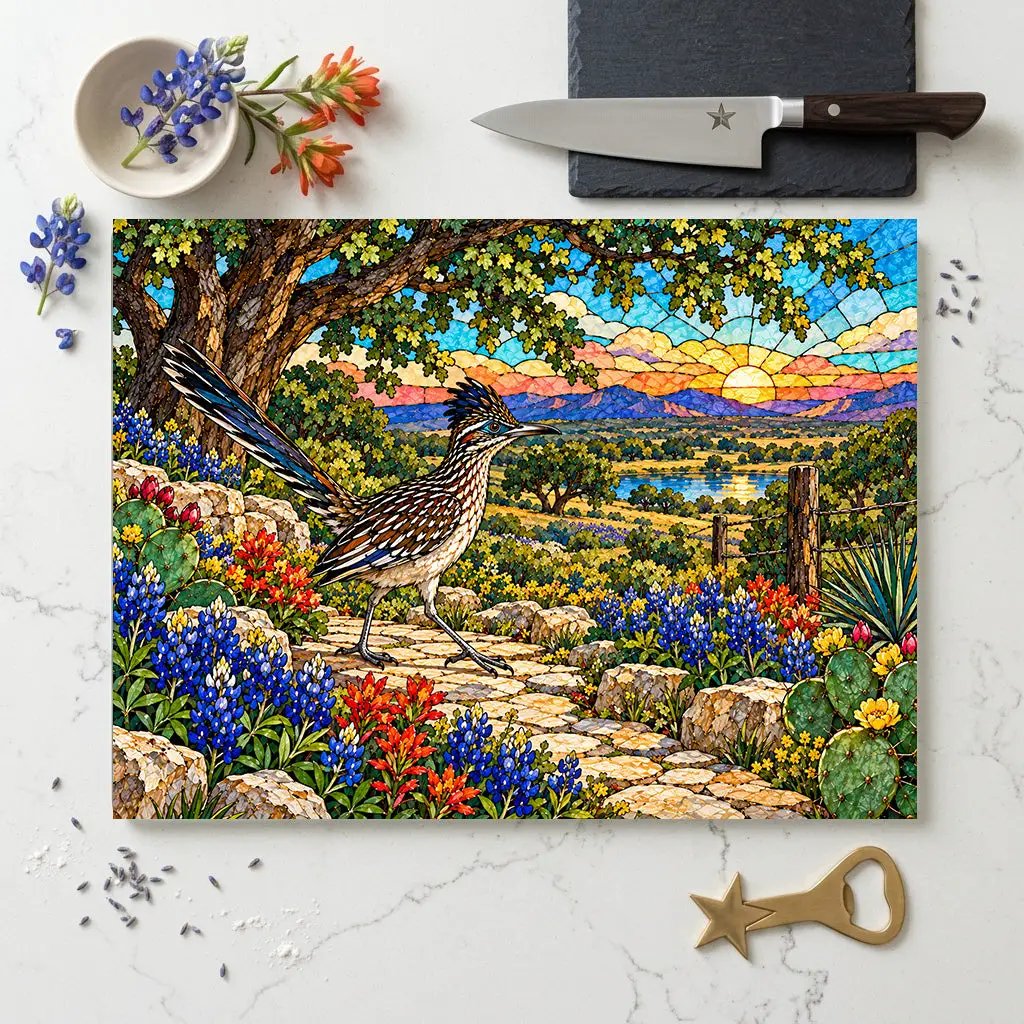 Texas Roadrunner Glass Cutting Board, Bluebonnet Kitchen Decor, Texas Wildflower Gift, Southwestern Kitchen Decor, Stained Glass Style