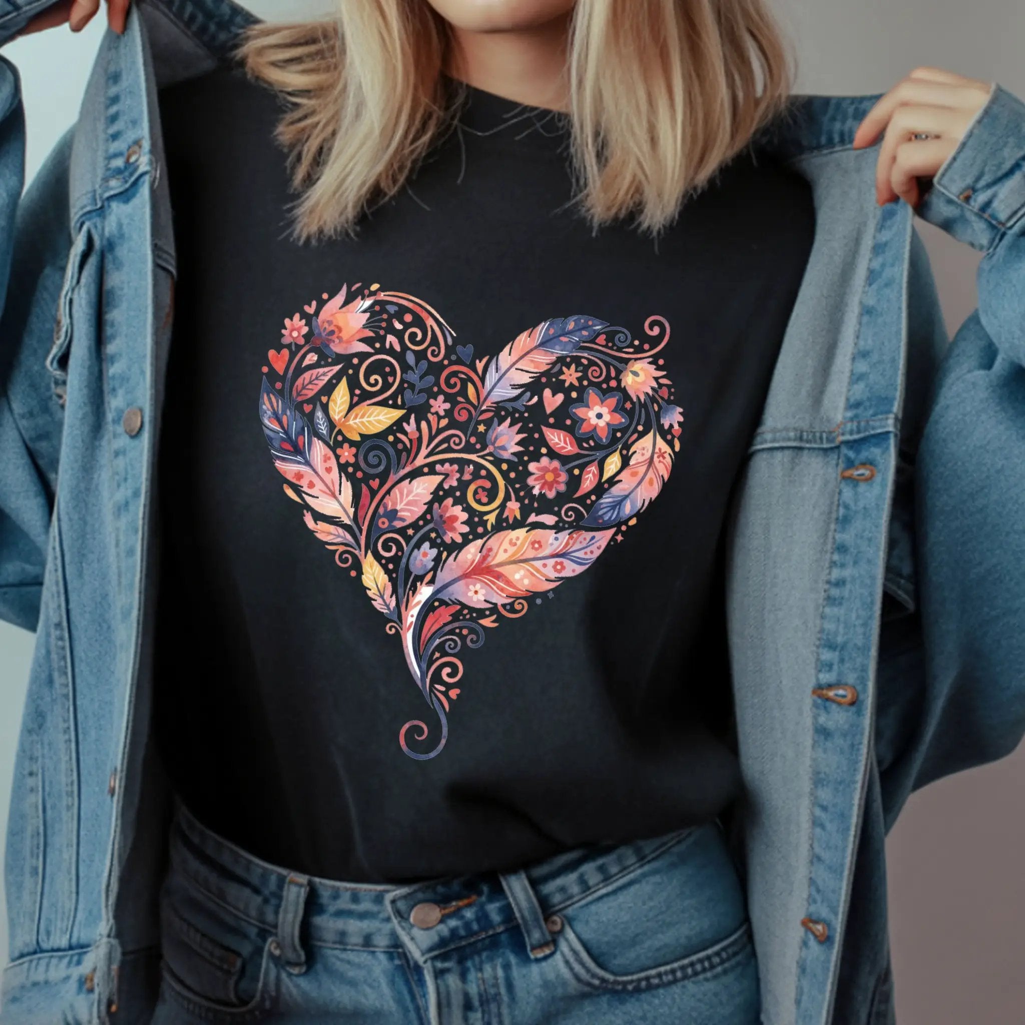 Floral Heart Graphic Tee — Boho Feather & Flower Design - Mallard Moon