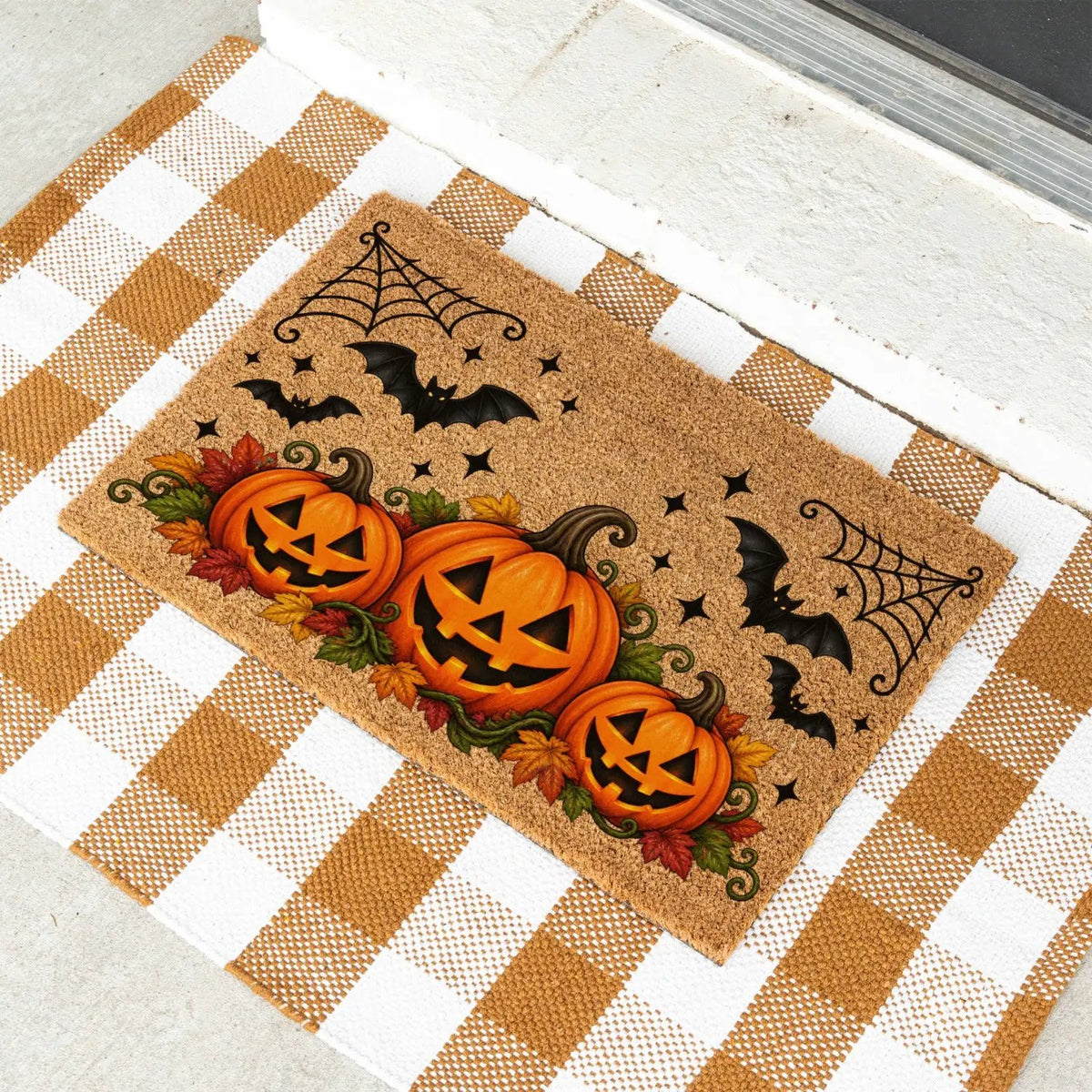 Halloween Pumpkin Doormat, Jack O Lantern Coir Welcome Mat, Fall Front Porch Decor, Spooky Bat Door Mat, Autumn Halloween Entryway
