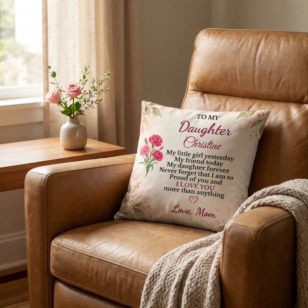 Daughter Personalized Birth Flower Pillow, Custom Name Gift from Mom, Sentimental Daughter Throw Pillow, Birthday Gift for Adult Daughter
