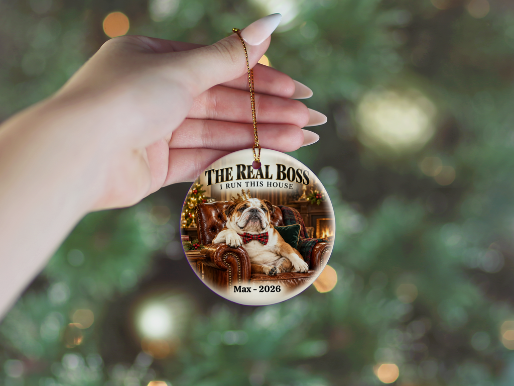 Personalized Pet Photo Christmas Ornament, Custom Dog or Cat Ornament, The Real Boss, Funny Pet Lover Gift, Name and Year Keepsake