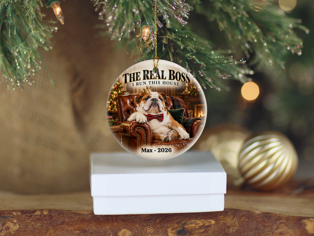 Personalized Pet Photo Christmas Ornament, Custom Dog or Cat Ornament, The Real Boss, Funny Pet Lover Gift, Name and Year Keepsake