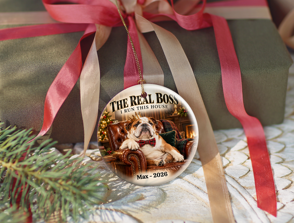 Personalized Pet Photo Christmas Ornament, Custom Dog or Cat Ornament, The Real Boss, Funny Pet Lover Gift, Name and Year Keepsake