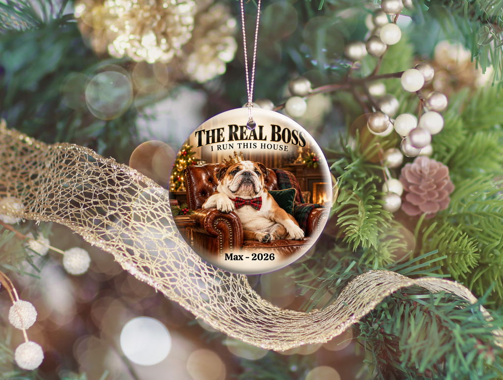 Personalized Pet Photo Christmas Ornament, Custom Dog or Cat Ornament, The Real Boss, Funny Pet Lover Gift, Name and Year Keepsake