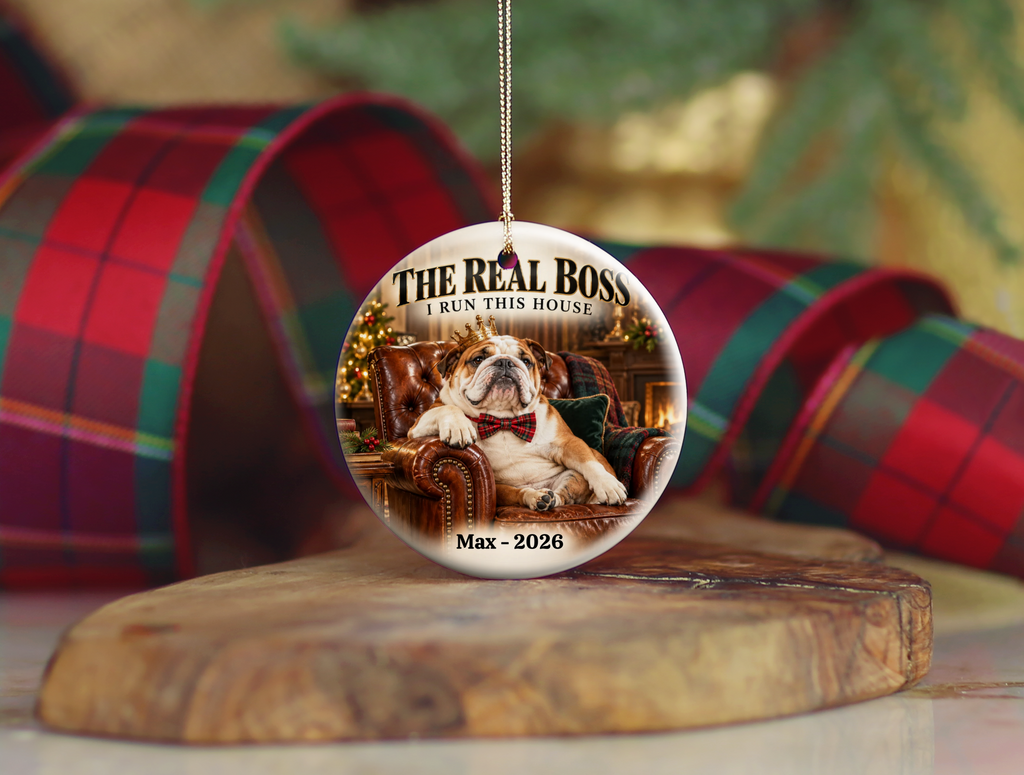 Personalized Pet Photo Christmas Ornament, Custom Dog or Cat Ornament, The Real Boss, Funny Pet Lover Gift, Name and Year Keepsake