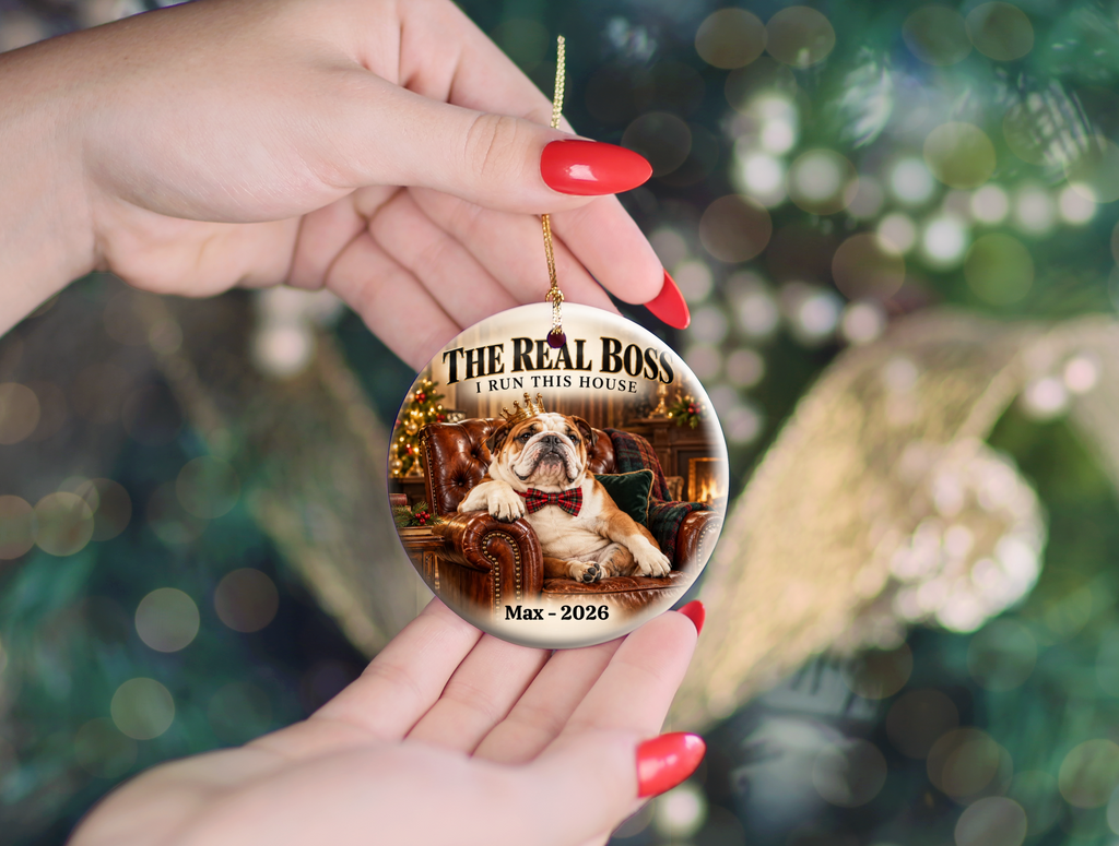 Personalized Pet Photo Christmas Ornament, Custom Dog or Cat Ornament, The Real Boss, Funny Pet Lover Gift, Name and Year Keepsake