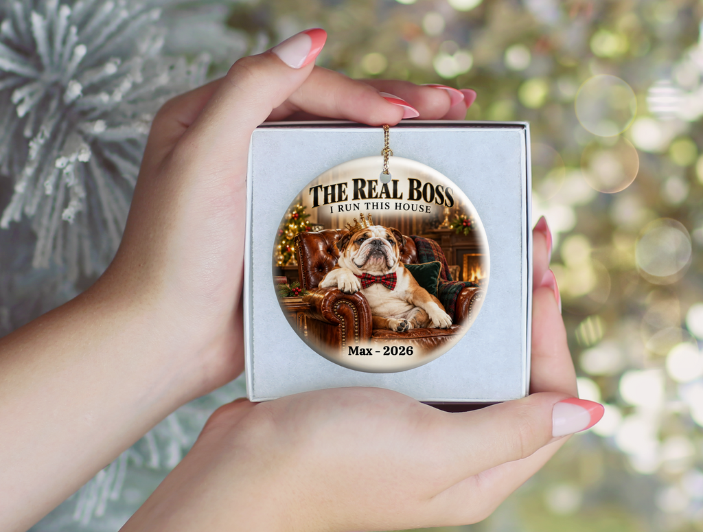 Personalized Pet Photo Christmas Ornament, Custom Dog or Cat Ornament, The Real Boss, Funny Pet Lover Gift, Name and Year Keepsake