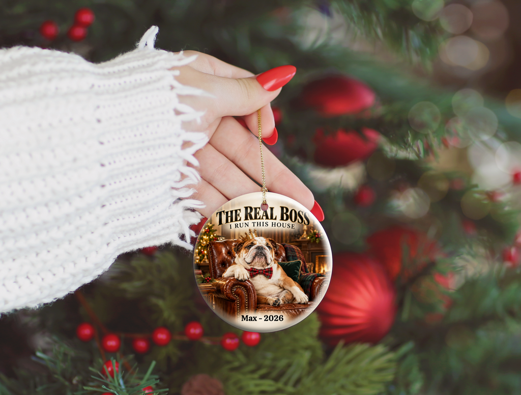 Personalized Pet Photo Christmas Ornament, Custom Dog or Cat Ornament, The Real Boss, Funny Pet Lover Gift, Name and Year Keepsake