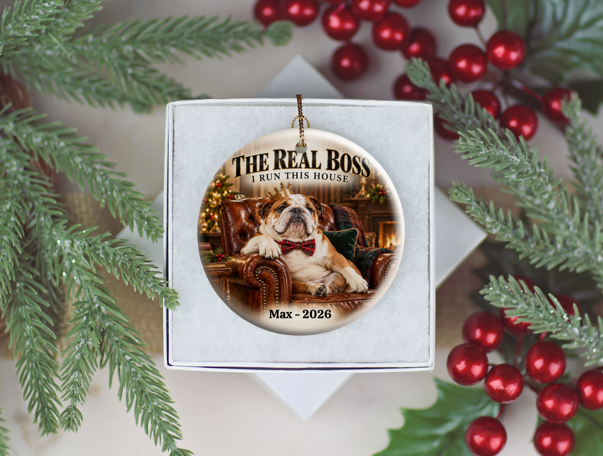 Personalized Pet Photo Christmas Ornament, Custom Dog or Cat Ornament, The Real Boss, Funny Pet Lover Gift, Name and Year Keepsake