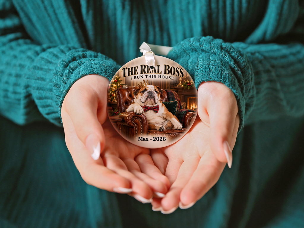 Personalized Pet Photo Christmas Ornament, Custom Dog or Cat Ornament, The Real Boss, Funny Pet Lover Gift, Name and Year Keepsake