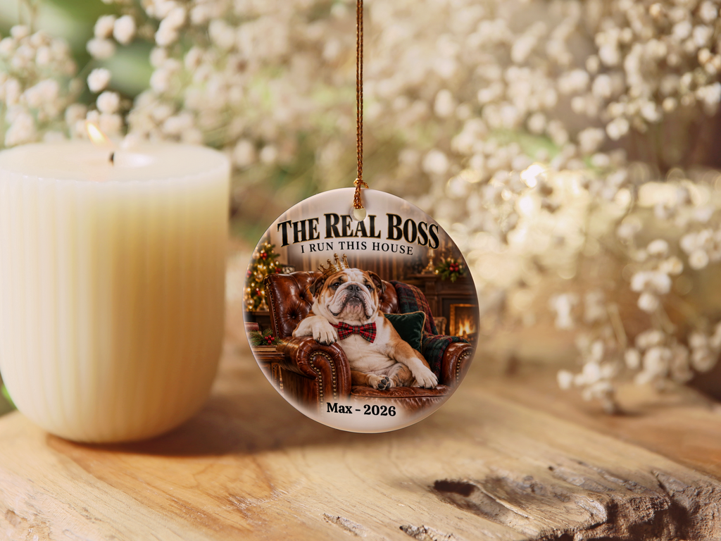 Personalized Pet Photo Christmas Ornament, Custom Dog or Cat Ornament, The Real Boss, Funny Pet Lover Gift, Name and Year Keepsake