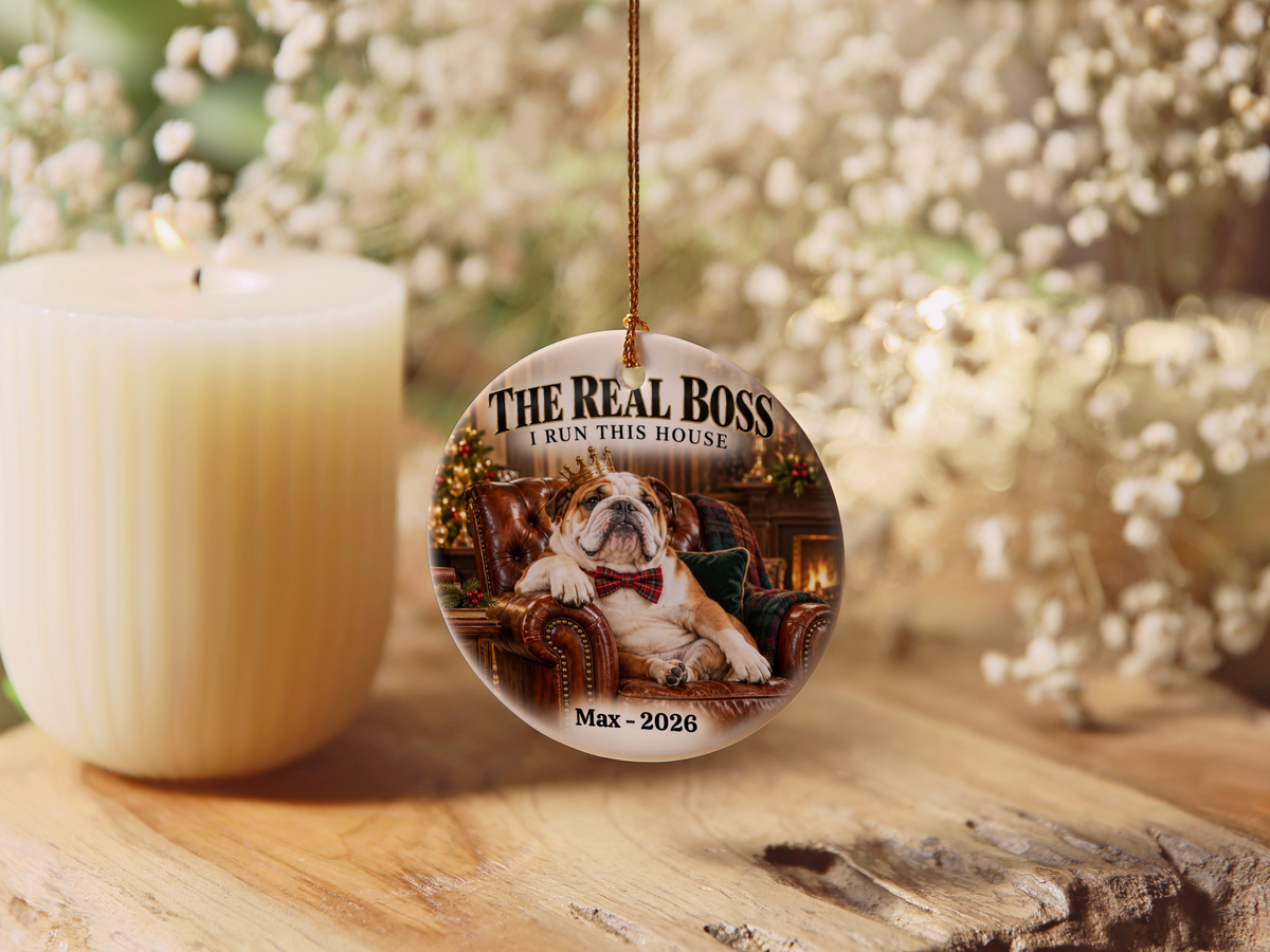 Personalized Pet Photo Christmas Ornament, Custom Dog or Cat Ornament, The Real Boss, Funny Pet Lover Gift, Name and Year Keepsake