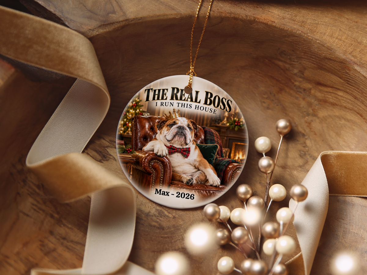 Personalized Pet Photo Christmas Ornament, Custom Dog or Cat Ornament, The Real Boss, Funny Pet Lover Gift, Name and Year Keepsake