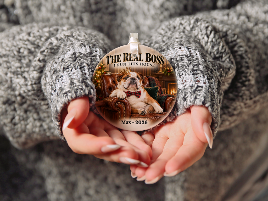 Personalized Pet Photo Christmas Ornament, Custom Dog or Cat Ornament, The Real Boss, Funny Pet Lover Gift, Name and Year Keepsake