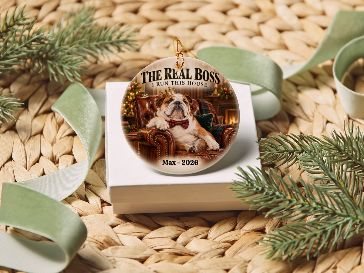Personalized Pet Photo Christmas Ornament, Custom Dog or Cat Ornament, The Real Boss, Funny Pet Lover Gift, Name and Year Keepsake