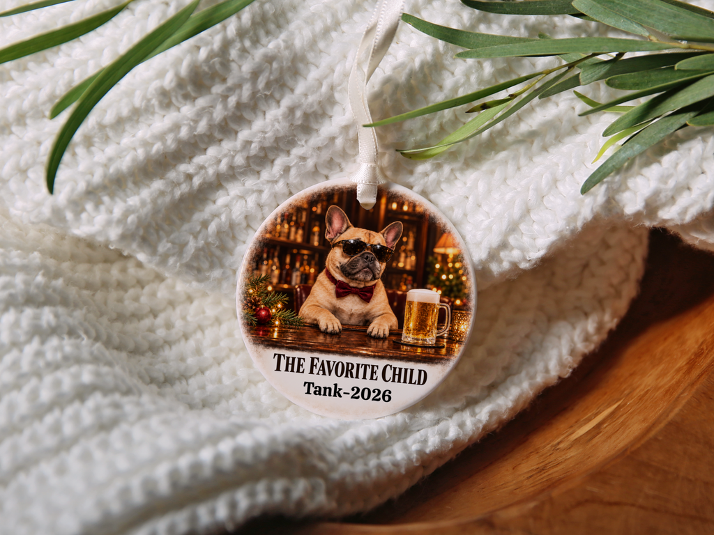 Personalized Dog Photo Christmas Ornament, The Favorite Child, Custom Pet Portrait, Funny Dog Lover Gift, Name and Year Ceramic Keepsake
