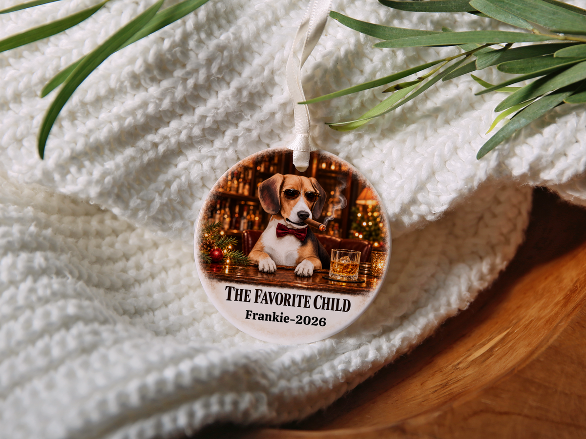 Personalized Dog Photo Christmas Ornament, The Favorite Child, Custom Pet Portrait, Funny Dog Lover Gift, Name and Year Ceramic Keepsake