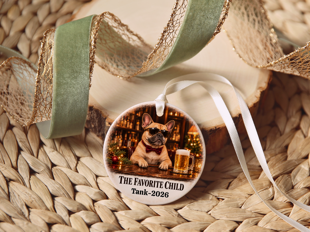 Personalized Dog Photo Christmas Ornament, The Favorite Child, Custom Pet Portrait, Funny Dog Lover Gift, Name and Year Ceramic Keepsake