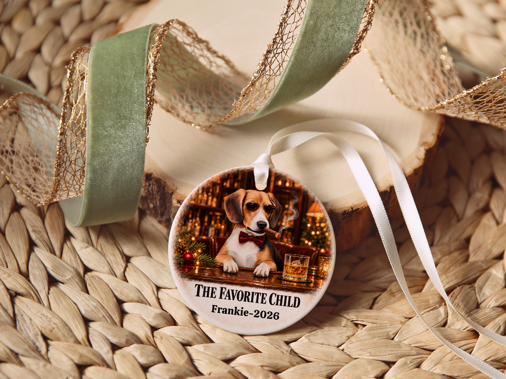Personalized Dog Photo Christmas Ornament, The Favorite Child, Custom Pet Portrait, Funny Dog Lover Gift, Name and Year Ceramic Keepsake