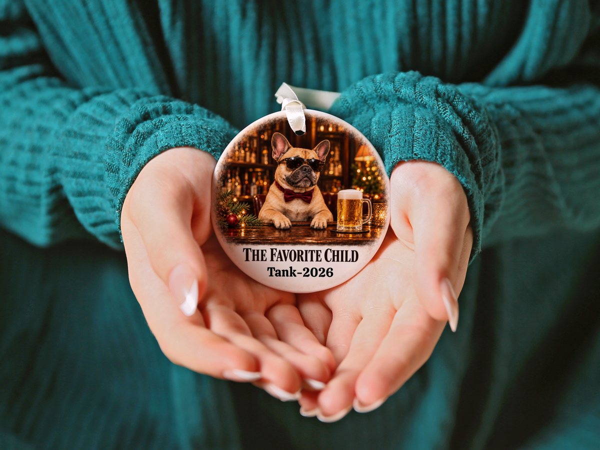 Personalized Dog Photo Christmas Ornament, The Favorite Child, Custom Pet Portrait, Funny Dog Lover Gift, Name and Year Ceramic Keepsake