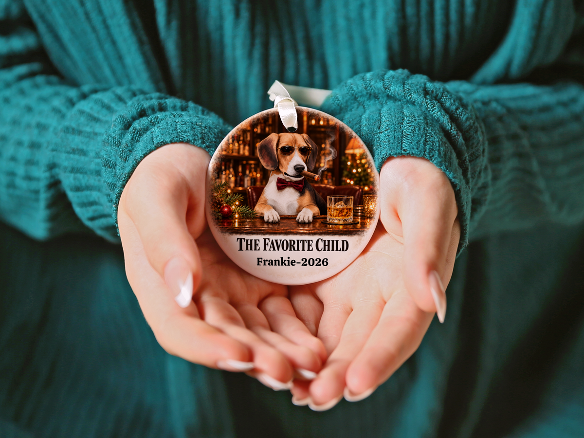 Personalized Dog Photo Christmas Ornament, The Favorite Child, Custom Pet Portrait, Funny Dog Lover Gift, Name and Year Ceramic Keepsake