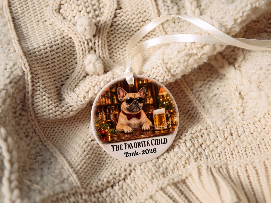 Personalized Dog Photo Christmas Ornament, The Favorite Child, Custom Pet Portrait, Funny Dog Lover Gift, Name and Year Ceramic Keepsake