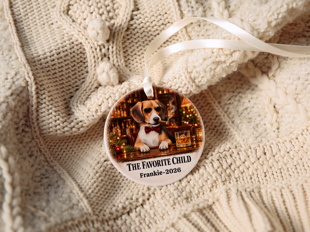 Personalized Dog Photo Christmas Ornament, The Favorite Child, Custom Pet Portrait, Funny Dog Lover Gift, Name and Year Ceramic Keepsake