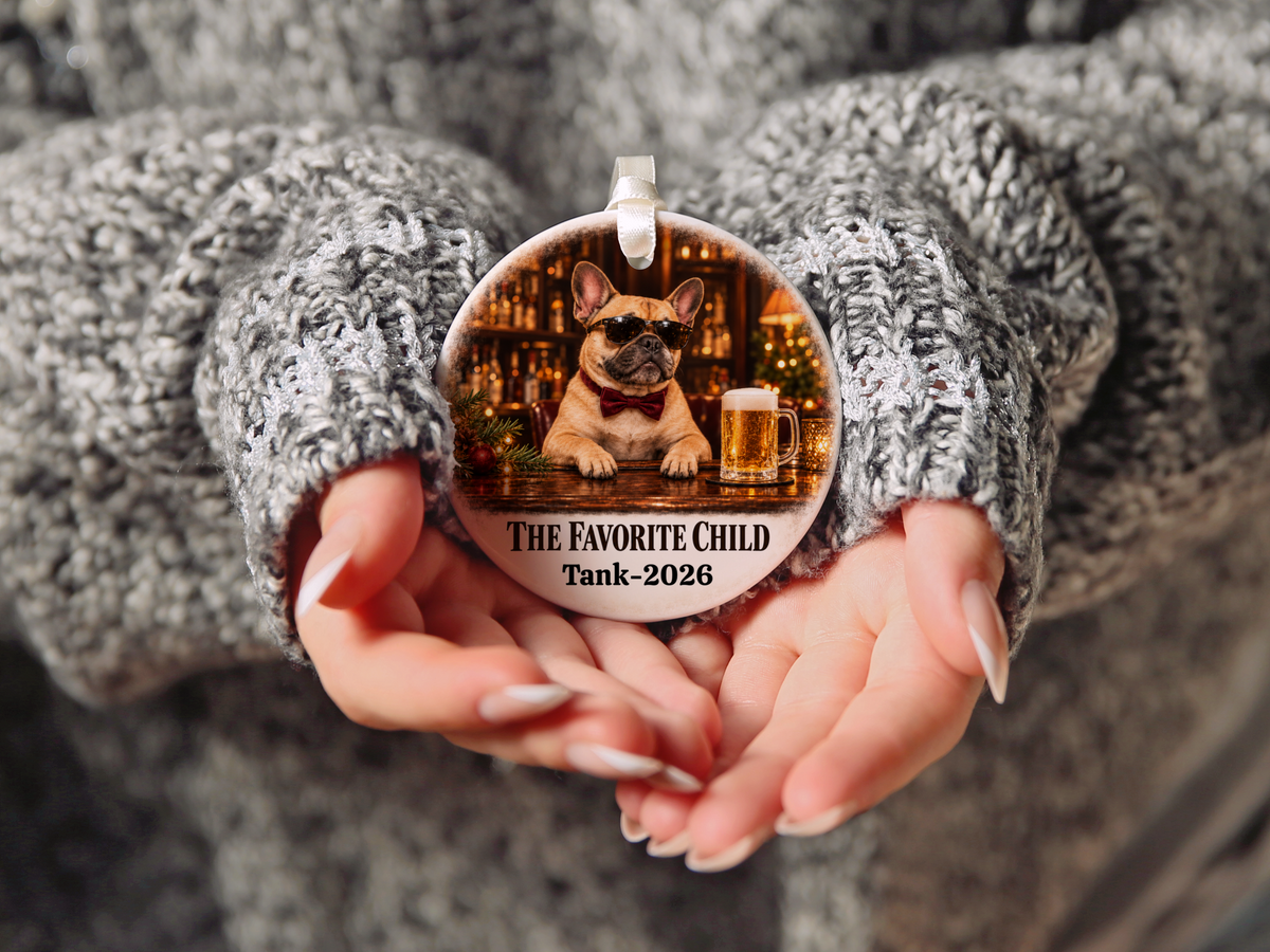 Personalized Dog Photo Christmas Ornament, The Favorite Child, Custom Pet Portrait, Funny Dog Lover Gift, Name and Year Ceramic Keepsake
