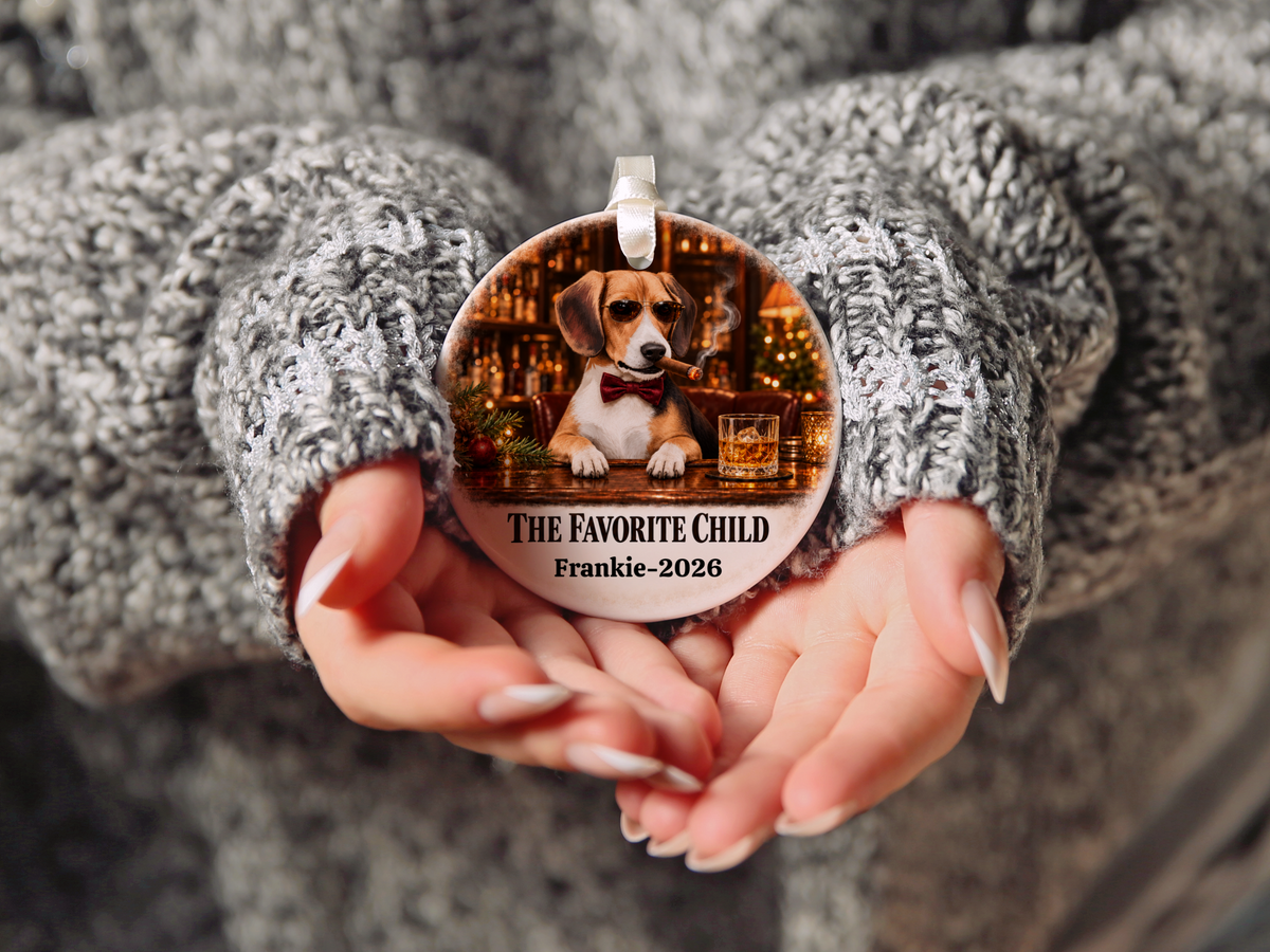 Personalized Dog Photo Christmas Ornament, The Favorite Child, Custom Pet Portrait, Funny Dog Lover Gift, Name and Year Ceramic Keepsake