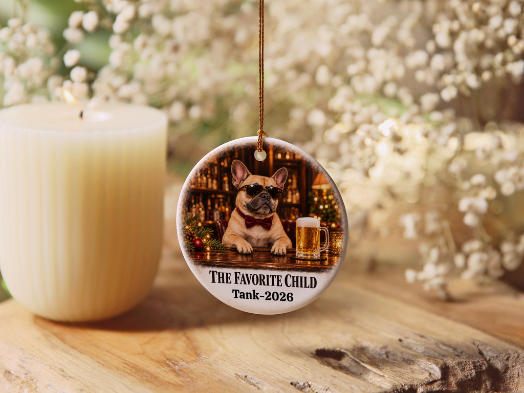 Personalized Dog Photo Christmas Ornament, The Favorite Child, Custom Pet Portrait, Funny Dog Lover Gift, Name and Year Ceramic Keepsake