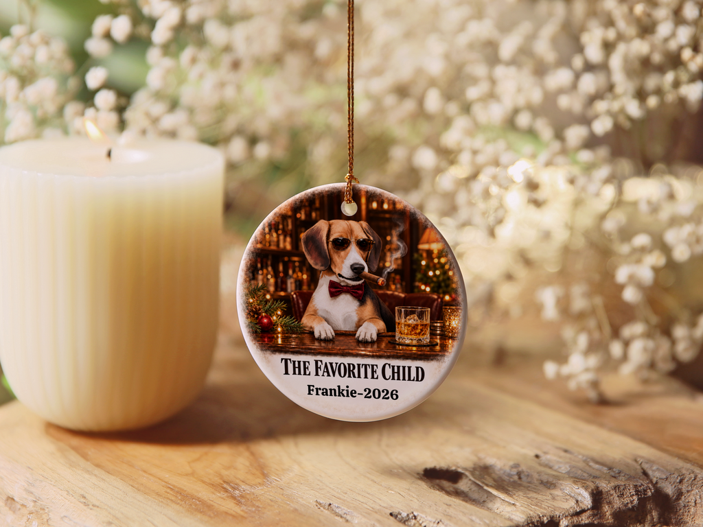 Personalized Dog Photo Christmas Ornament, The Favorite Child, Custom Pet Portrait, Funny Dog Lover Gift, Name and Year Ceramic Keepsake