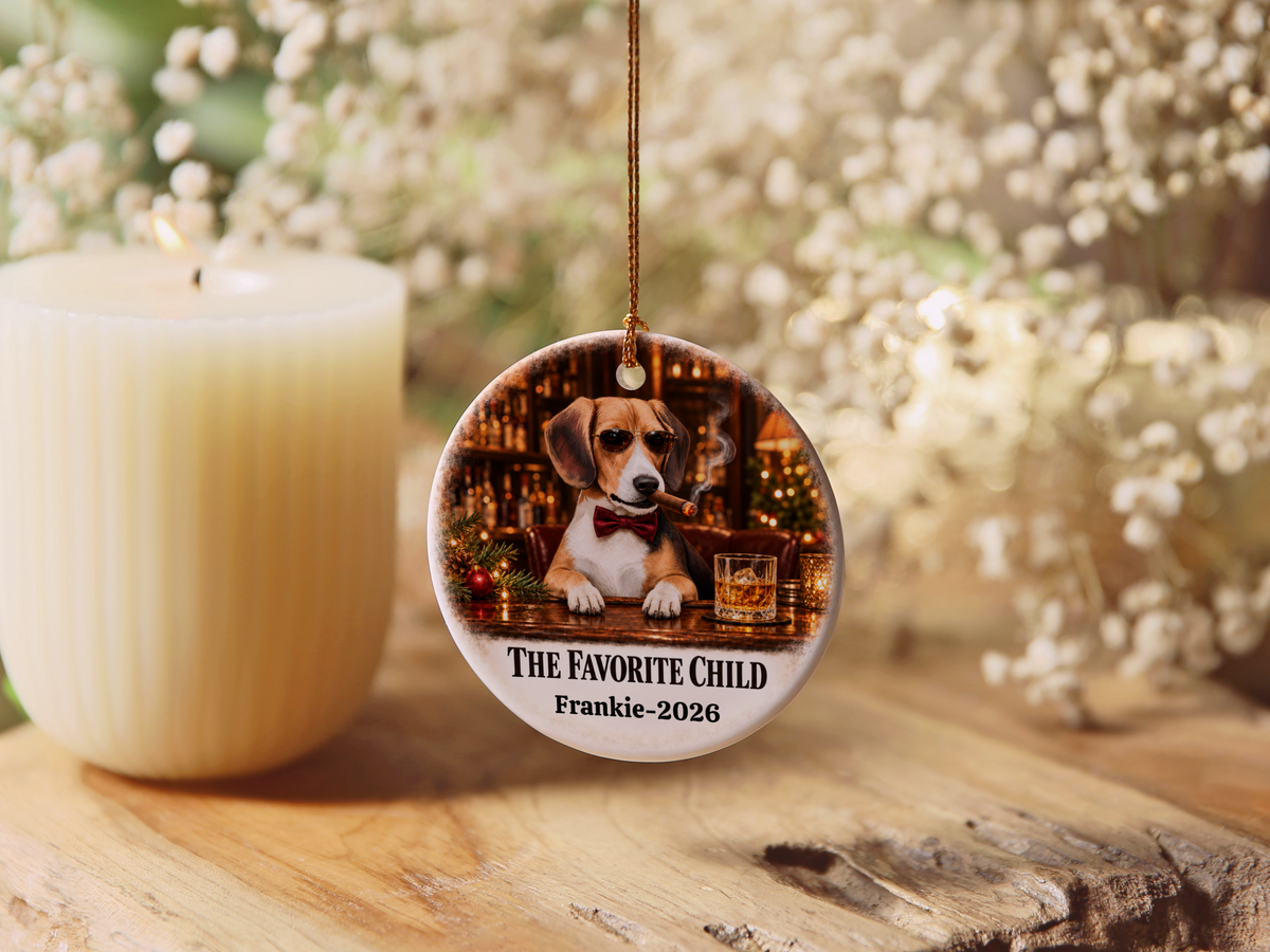 Personalized Dog Photo Christmas Ornament, The Favorite Child, Custom Pet Portrait, Funny Dog Lover Gift, Name and Year Ceramic Keepsake