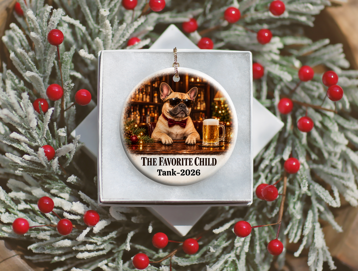 Personalized Dog Photo Christmas Ornament, The Favorite Child, Custom Pet Portrait, Funny Dog Lover Gift, Name and Year Ceramic Keepsake