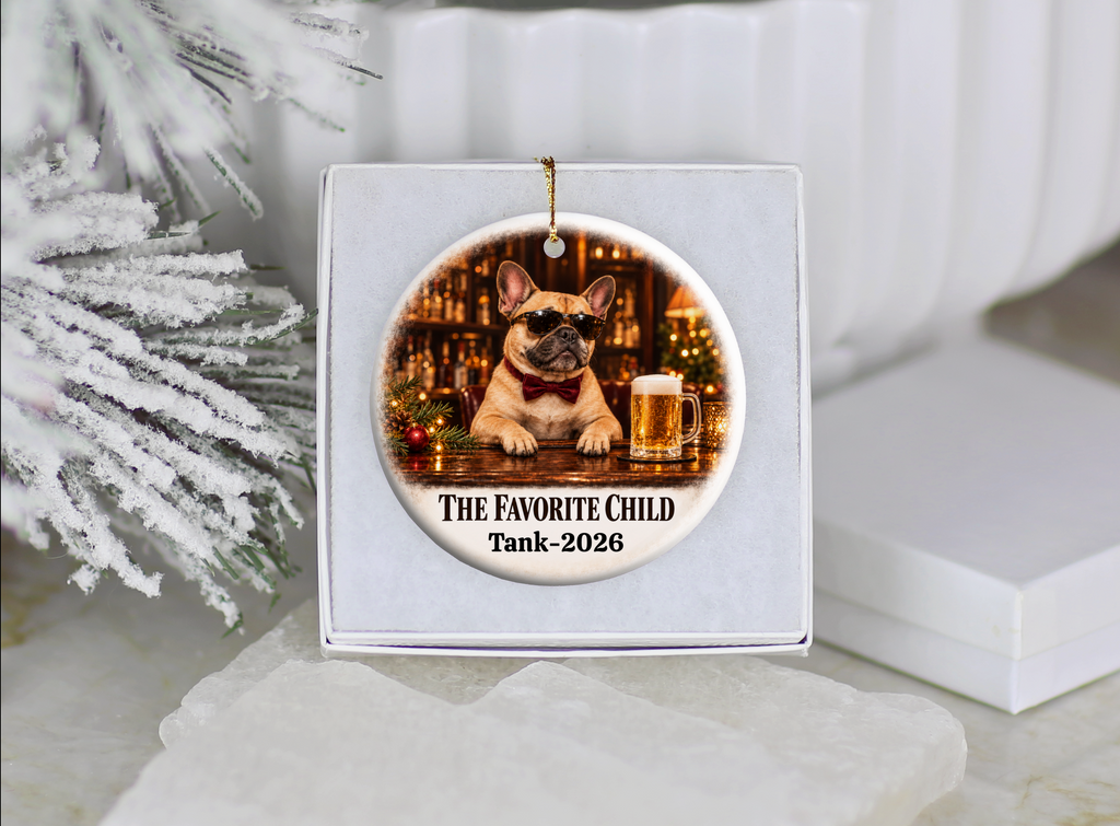 Personalized Dog Photo Christmas Ornament, The Favorite Child, Custom Pet Portrait, Funny Dog Lover Gift, Name and Year Ceramic Keepsake
