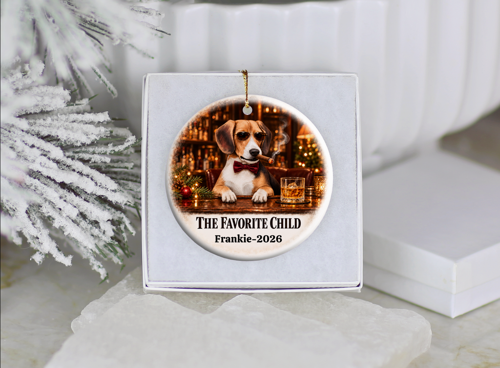 Personalized Dog Photo Christmas Ornament, The Favorite Child, Custom Pet Portrait, Funny Dog Lover Gift, Name and Year Ceramic Keepsake