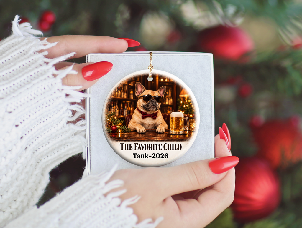 Personalized Dog Photo Christmas Ornament, The Favorite Child, Custom Pet Portrait, Funny Dog Lover Gift, Name and Year Ceramic Keepsake