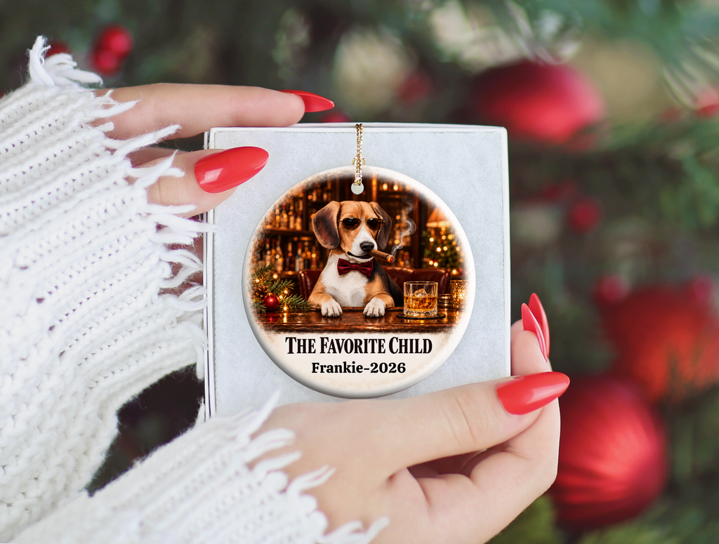 Personalized Dog Photo Christmas Ornament, The Favorite Child, Custom Pet Portrait, Funny Dog Lover Gift, Name and Year Ceramic Keepsake