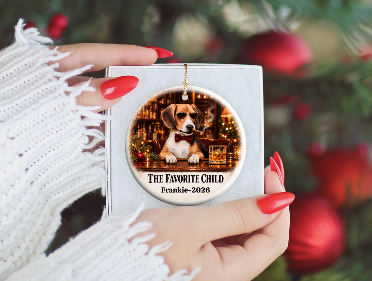 Personalized Dog Photo Christmas Ornament, The Favorite Child, Custom Pet Portrait, Funny Dog Lover Gift, Name and Year Ceramic Keepsake