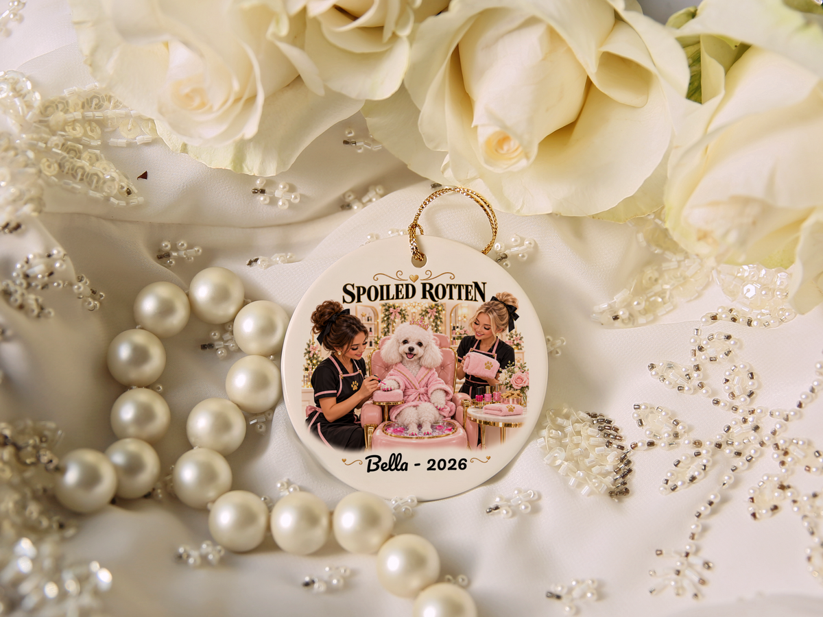 Personalized Pet Photo Christmas Ornament, Spoiled Rotten Dog Spa Ornament, Custom Dog or Cat Gift, Pet Name and Year, Ceramic Keepsake