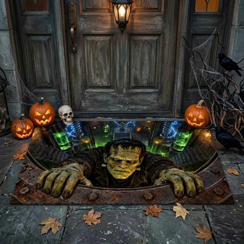 Frankenstein 3D Illusion Doormat, Mad Scientist Laboratory Halloween Door Mat, Monster Welcome Mat, Spooky Halloween Porch Decor