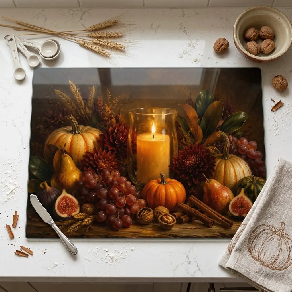 Fall Candle Glass Cutting Board, Cozy Autumn Kitchen Decor, Pumpkin Harvest Cutting Board, Thanksgiving Hostess Gift