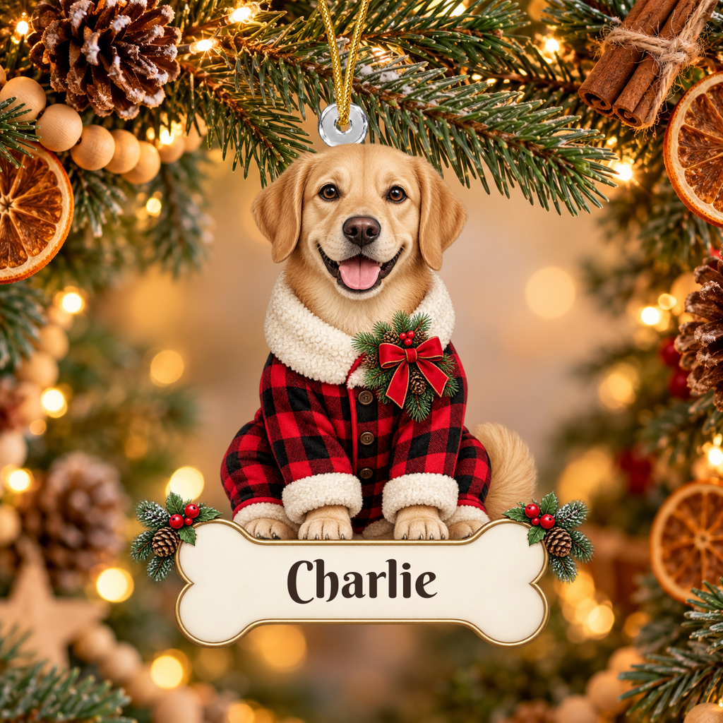 Personalized Dog Buffalo Plaid Pajamas Christmas Ornament from Photo, Custom Pet Portrait Acrylic Ornament, Rustic Holiday Dog Lover Gift