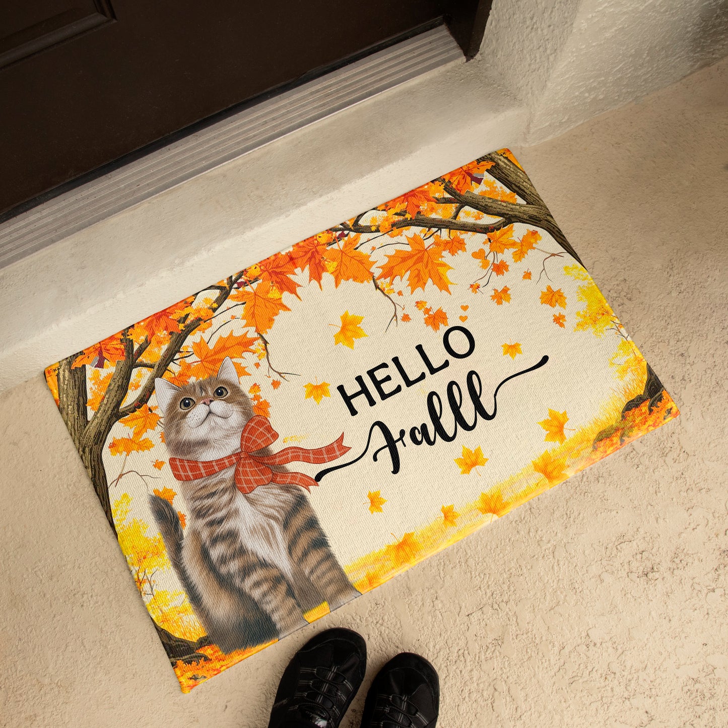 Hello Fall Cat Doormat – Fall Welcome Mat with Interchangeable Cat Designs, Autumn Leaves & Cozy Seasonal Décor for Cat Lovers and Fall Homes