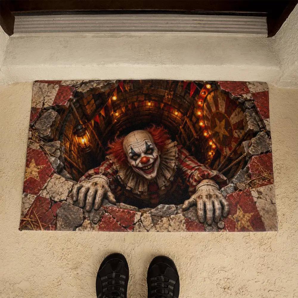 Creepy Clown Halloween Doormat,3D Scary Clown Optical Illusion Mat, Haunted Circus Door Mat, Horror Halloween Porch Decor